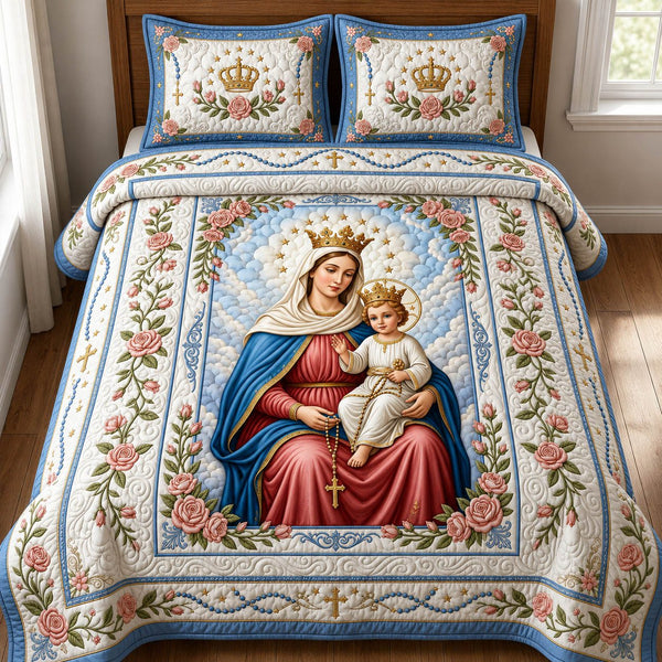 Divine Madonna quilted 3-piece bedding set on a made bed in a softly lit bedroom