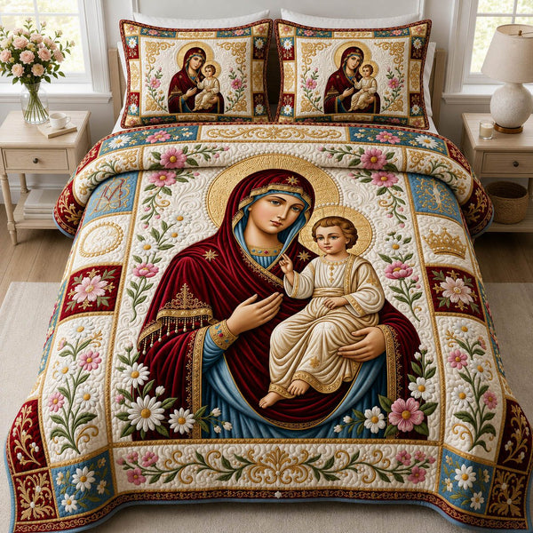 Divine Madonna quilted 3-piece bedding set on a made bed in a softly lit bedroom