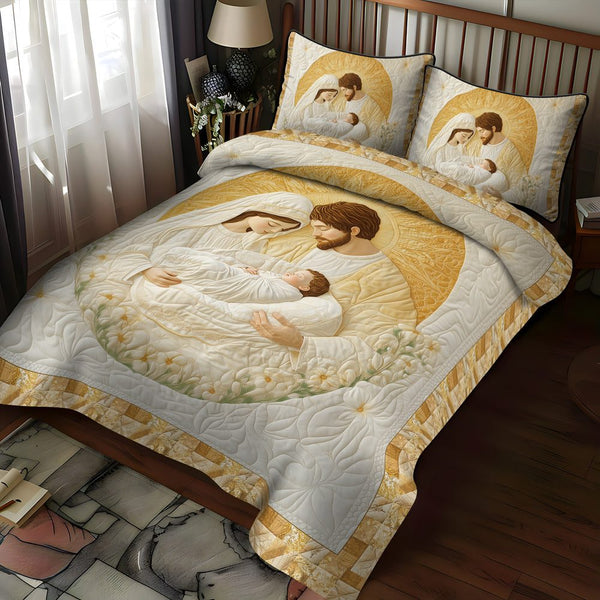 Divine Nativity quilted 3-piece bedding set on a made bed in a winter-styled bedroom