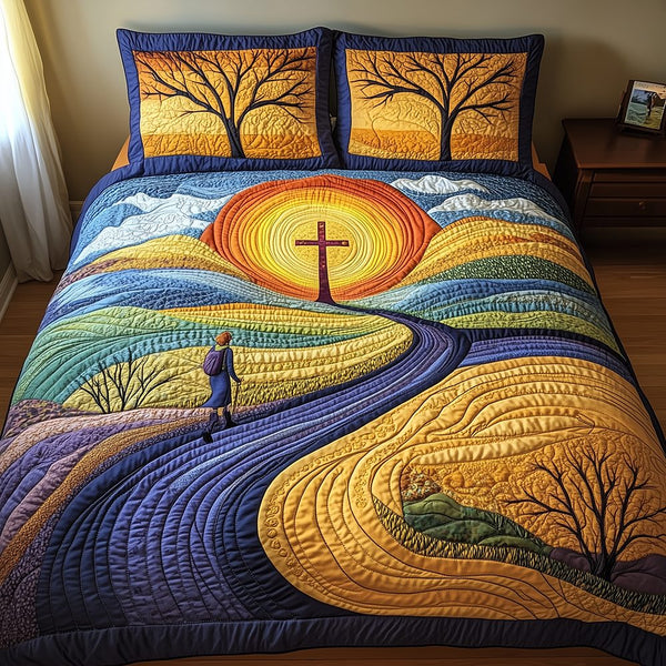 Divine Path quilted 3-piece bedding set on a made bed in a softly lit bedroom
