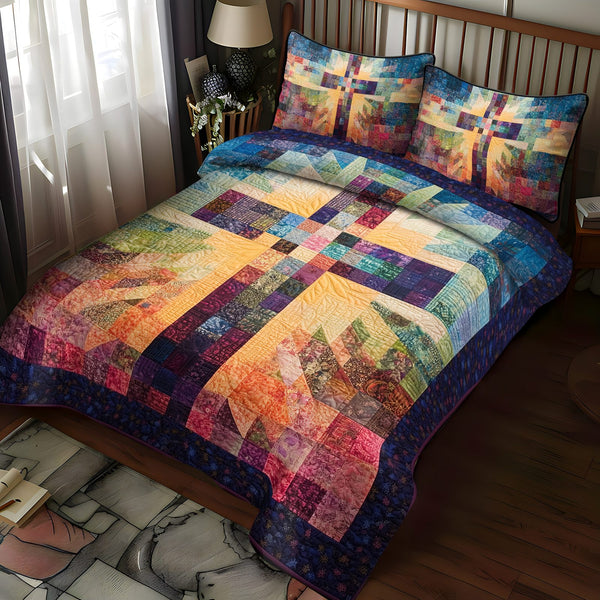 Divine Path quilted 3-piece bedding set on a made bed in a softly lit bedroom