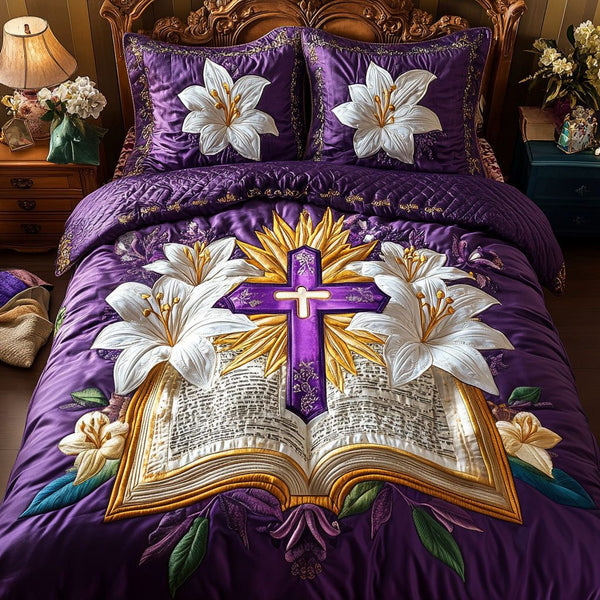 Divine Purple Lily quilted 3-piece bedding set on a made bed in a softly lit bedroom