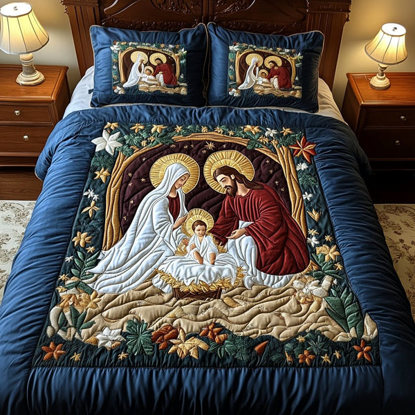 Divine Rest quilted 3-piece bedding set on a made bed in a softly lit bedroom