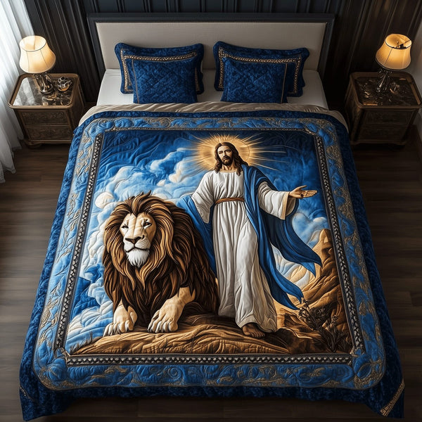 Divine Roar quilted 3-piece bedding set on a made bed in a softly lit bedroom