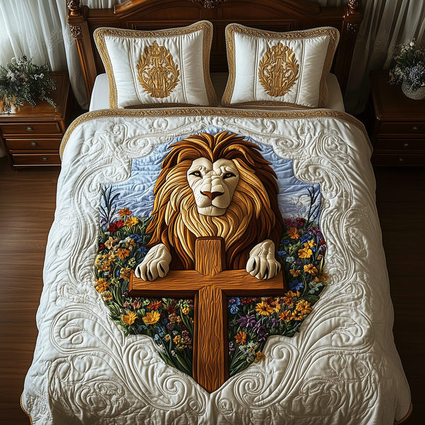 Divine Roar quilted 3-piece bedding set on a made bed in a softly lit bedroom