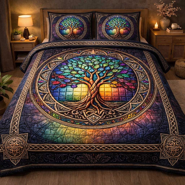 Divine Roots quilted 3-piece bedding set on a made bed in a softly lit bedroom