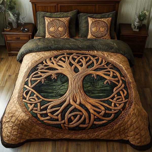 Divine Roots quilted 3-piece bedding set on a made bed in a softly lit bedroom