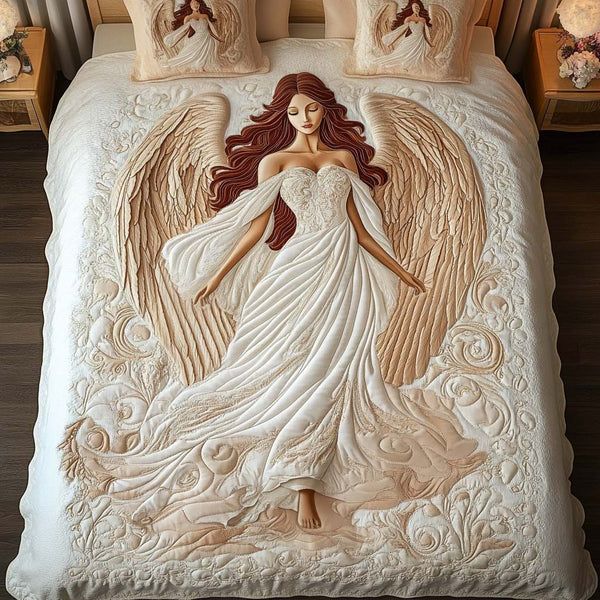 Divine Serenity quilted 3-piece bedding set on a made bed in a softly lit bedroom