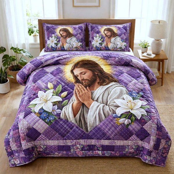Divine Shepherd quilted 3-piece bedding set on a made bed in a softly lit bedroom