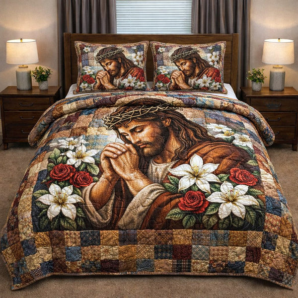 Divine Shepherd quilted 3-piece bedding set on a made bed in a softly lit bedroom