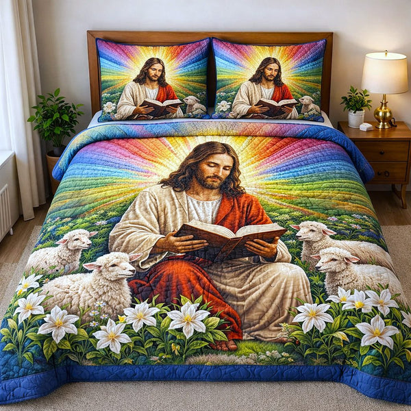 Divine Shepherd quilted 3-piece bedding set on a made bed in a softly lit bedroom