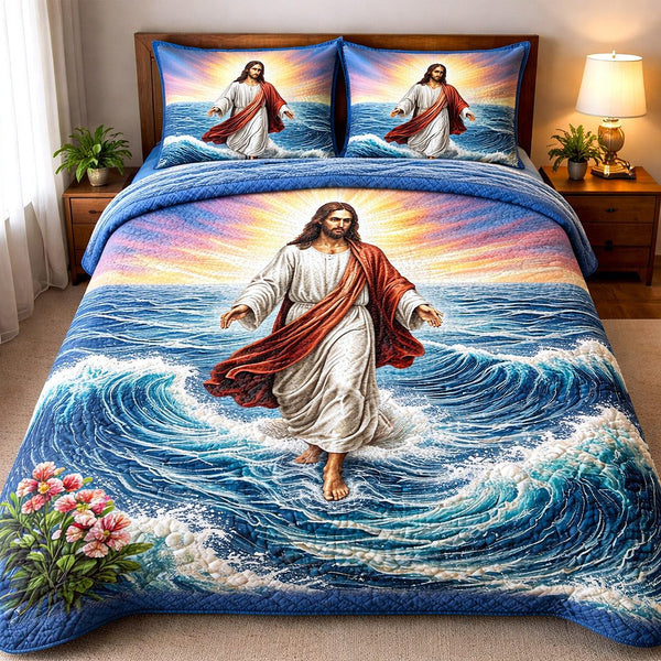 Divine Shepherd quilted 3-piece bedding set on a made bed in a softly lit bedroom