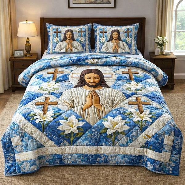 Divine Shepherd quilted 3-piece bedding set on a made bed in a softly lit bedroom