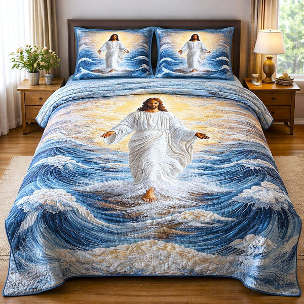 Divine Shepherd quilted 3-piece bedding set on a made bed in a softly lit bedroom