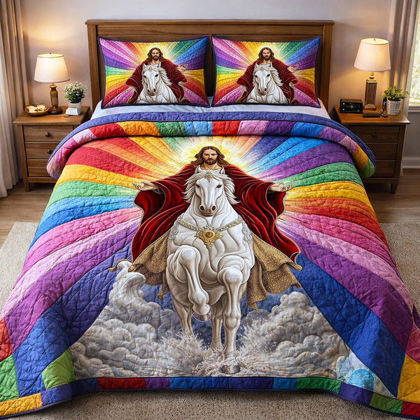 Divine Shepherd quilted 3-piece bedding set on a made bed in a softly lit bedroom