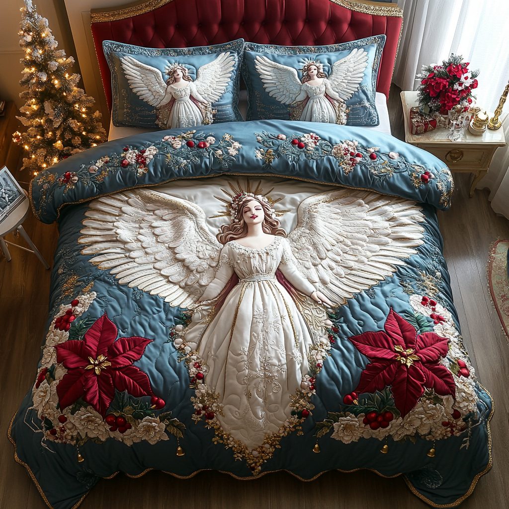 Divine Snowfall quilted 3-piece bedding set on a made bed in a softly lit bedroom