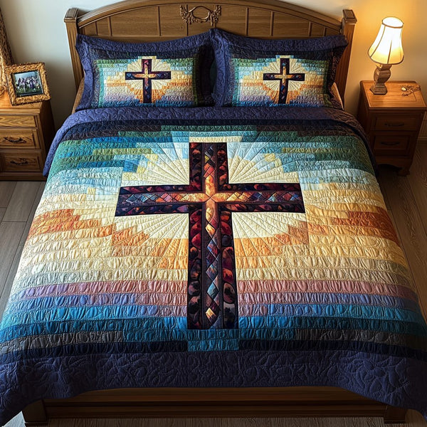 Divine Strength quilted 3-piece bedding set on a made bed in a softly lit bedroom