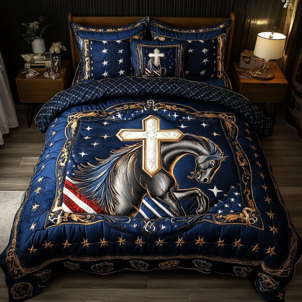 Divine Strength quilted 3-piece bedding set on a made bed in a softly lit bedroom