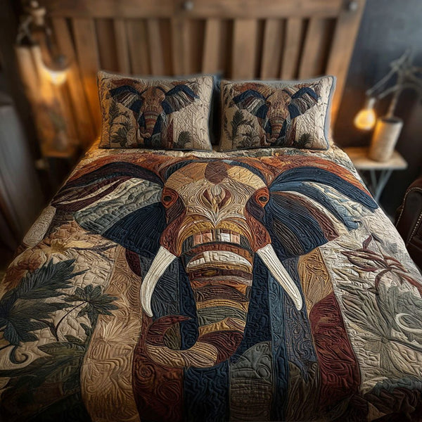 Divine Trunk quilted 3-piece bedding set on a made bed in a softly lit bedroom