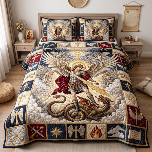 Divine Warrior quilted 3-piece bedding set on a made bed in a softly lit bedroom