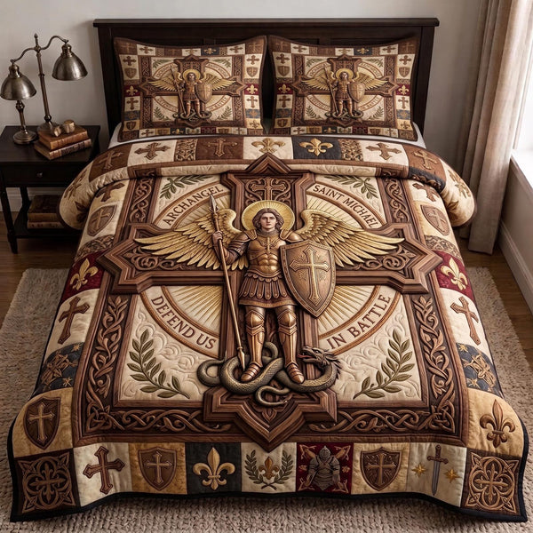 Divine Warrior quilted 3-piece bedding set on a made bed in a softly lit bedroom