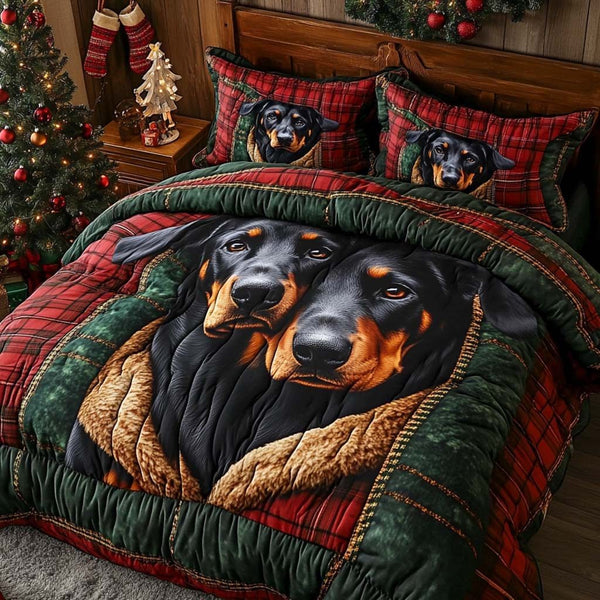 Doberman Duo quilted 3-piece bedding set on a made bed with two matching pillow shams