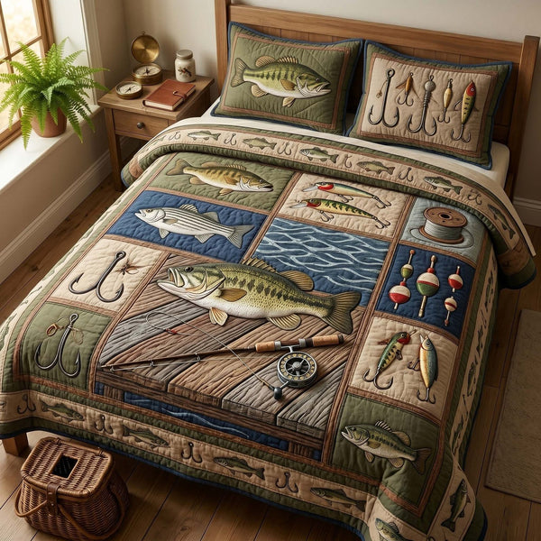 Dockside Bass quilted 3-piece bedding set on a made bed with two matching pillow shams