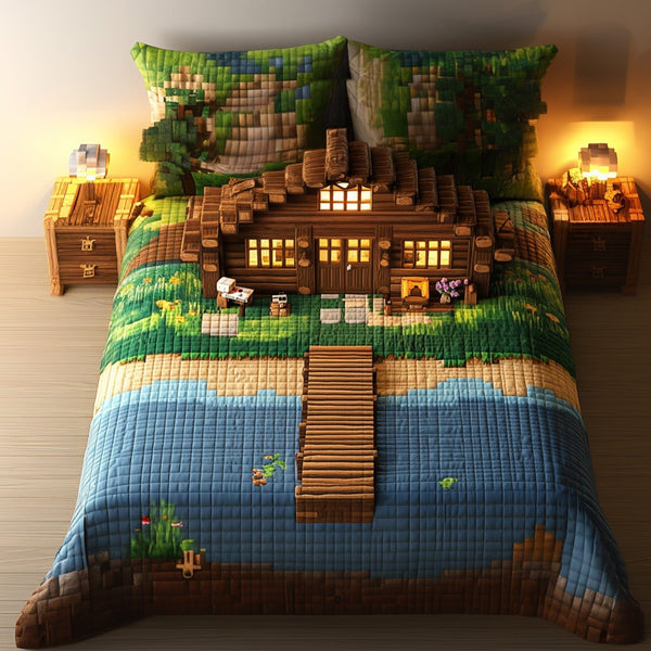 Dockside Escape quilted 3-piece bedding set on a made bed with two matching pillow shams