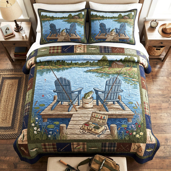 Dockside Morning quilted 3-piece bedding set on a made bed with two matching pillow shams