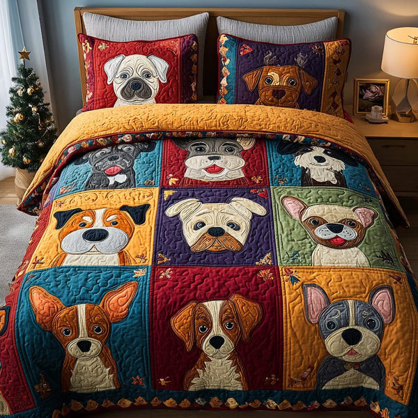 Dog Dream quilted 3-piece bedding set on a made bed with two matching pillow shams