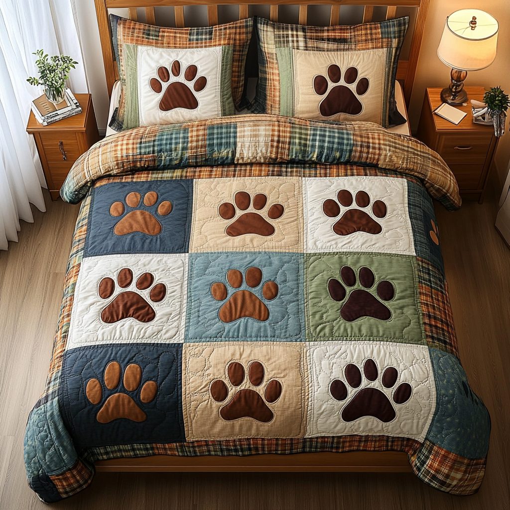 Dog Garden quilted 3-piece bedding set on a made bed with two matching pillow shams