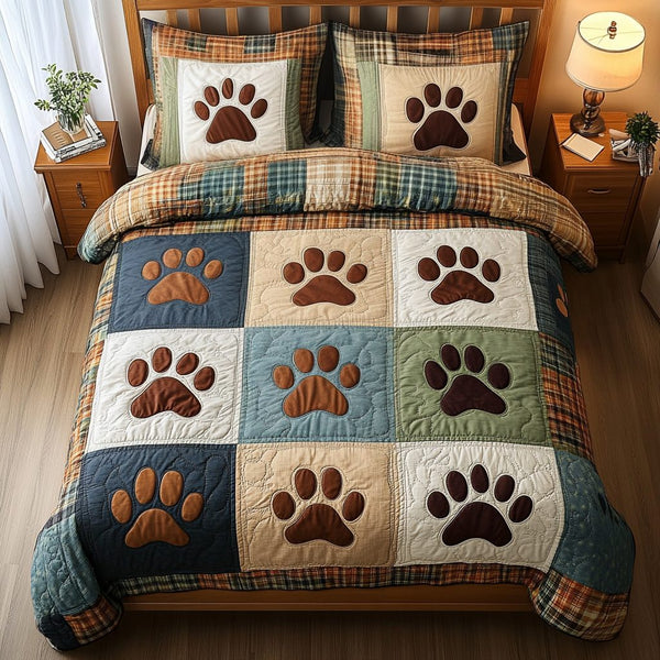Dog Garden quilted 3-piece bedding set on a made bed with two matching pillow shams