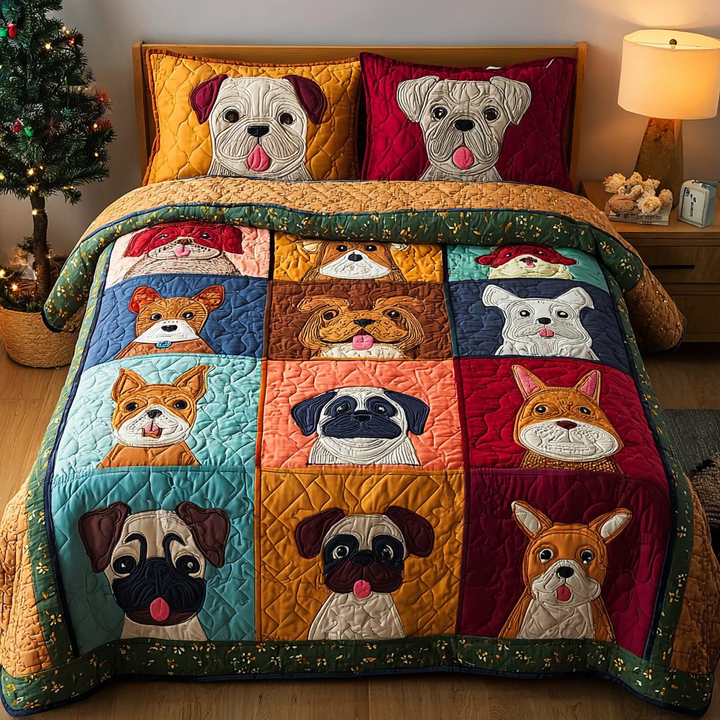 Dog Land quilted 3-piece bedding set on a made bed with two matching pillow shams