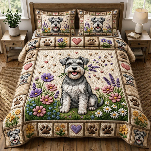 Dog Lover quilted 3-piece bedding set on a made bed with two matching pillow shams