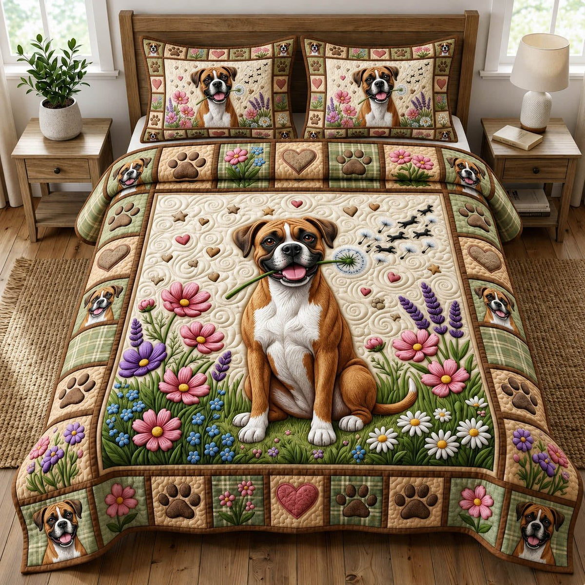 Dog Lover quilted 3-piece bedding set on a made bed with two matching pillow shams
