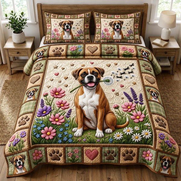 Dog Lover quilted 3-piece bedding set on a made bed with two matching pillow shams
