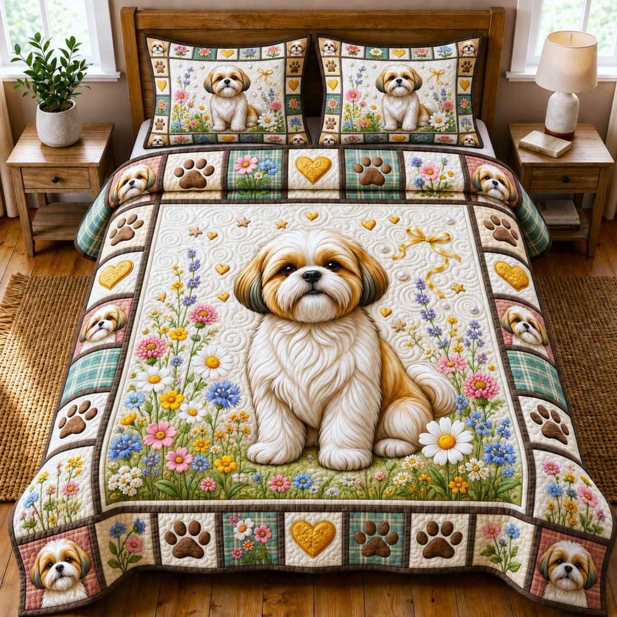 Dog Lover quilted 3-piece bedding set on a made bed with two matching pillow shams