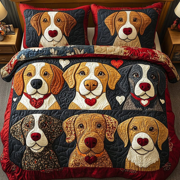 Dog Path quilted 3-piece bedding set on a made bed with two matching pillow shams