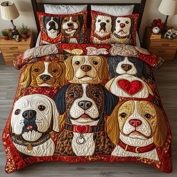 Dog Spirit quilted 3-piece bedding set on a made bed with two matching pillow shams