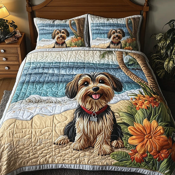 Doggy Delight quilted 3-piece bedding set on a made bed with two matching pillow shams