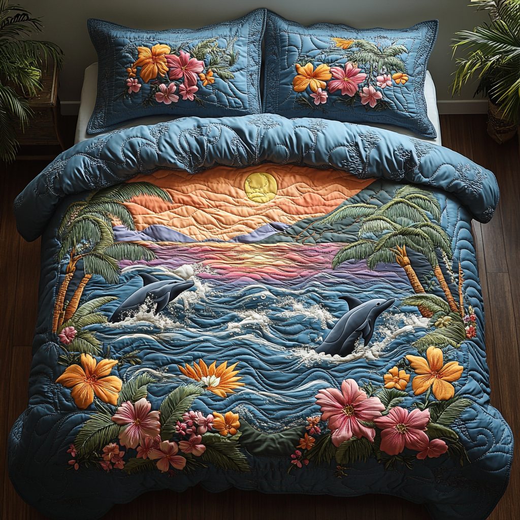 Dolphin Splash quilted 3-piece bedding set on a made bed in a light coastal bedroom