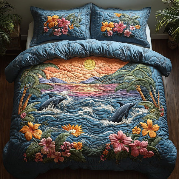 Dolphin Splash quilted 3-piece bedding set on a made bed in a light coastal bedroom