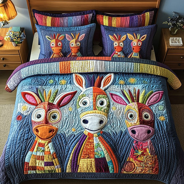Donkey Dreams quilted 3-piece bedding set on a made bed with two matching pillow shams