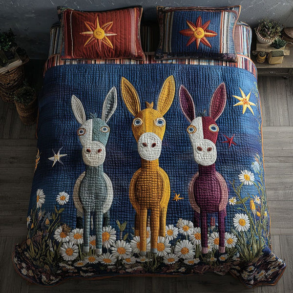 Donkey of Courage quilted 3-piece bedding set on a made bed with two matching pillow shams