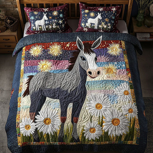 Donkey of Hope quilted 3-piece bedding set on a made bed with two matching pillow shams