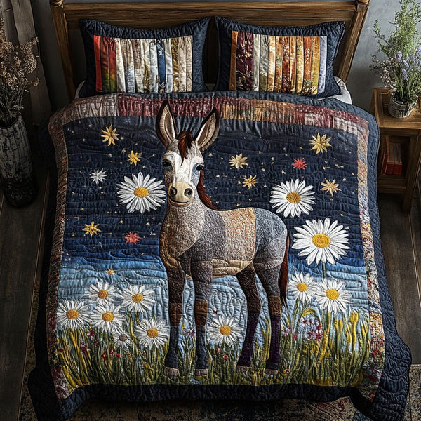 Donkey of Justice quilted 3-piece bedding set on a made bed with two matching pillow shams