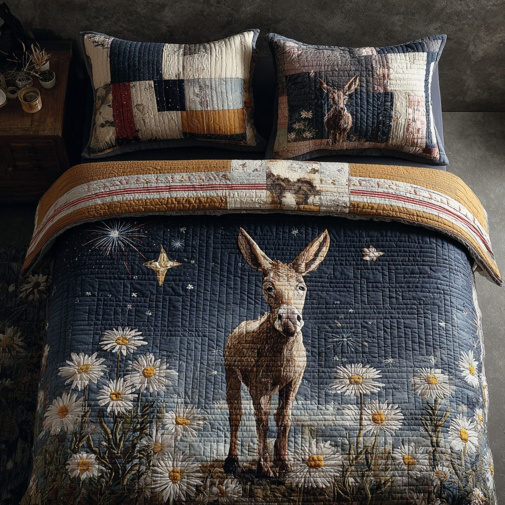 Donkey of Liberty quilted 3-piece bedding set on a made bed in a warmly lit bedroom