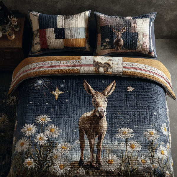 Donkey of Liberty quilted 3-piece bedding set on a made bed in a warmly lit bedroom