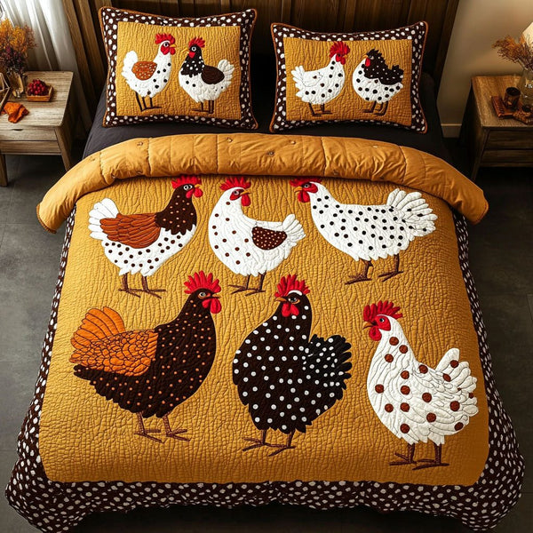 Dotted Flock quilted 3-piece bedding set on a made bed with two matching pillow shams