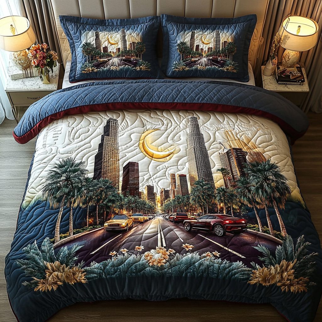 Downtown Los Angeles quilted 3-piece bedding set on a made bed in a softly lit bedroom